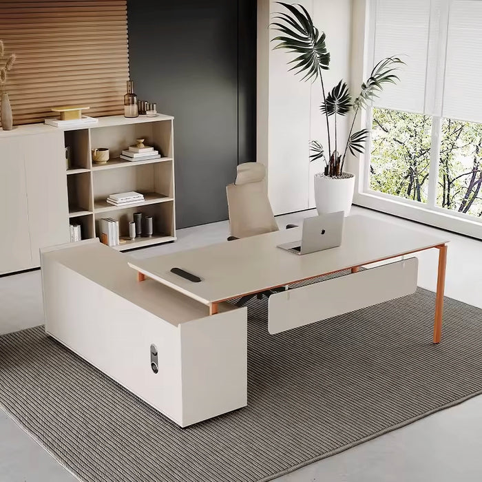 Arcadia Mid-sized Modern Bone White Executive L-shaped Home Office Desk with Drawers and Storage, and Cable Management