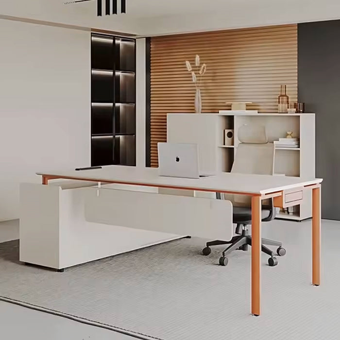 Arcadia Mid-sized Modern Bone White Executive L-shaped Home Office Desk with Drawers and Storage, and Cable Management