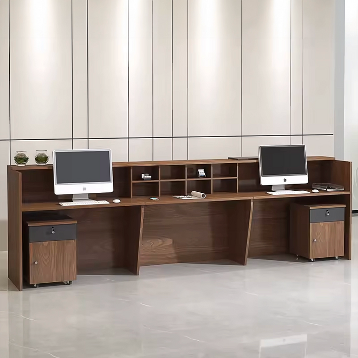 Arcadia Large High-end Teak Wood Front Reception Desk with Dual Workstation for Lobbies and Waiting Rooms