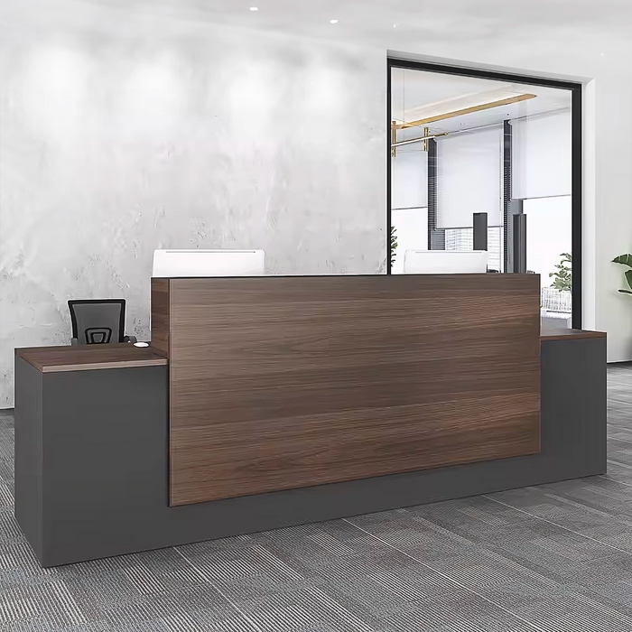 Arcadia Large High-end Dark Brown Wood Front Reception Desk with Dual Workstation for Lobbies and Waiting Rooms