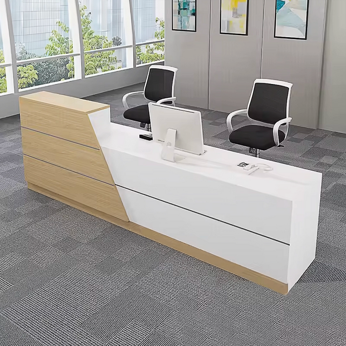 Arcadia Large Modern Sleek Oak Wood Front Reception Desk with Dual Workstation for Office Reception, Lobbies and Waiting Rooms