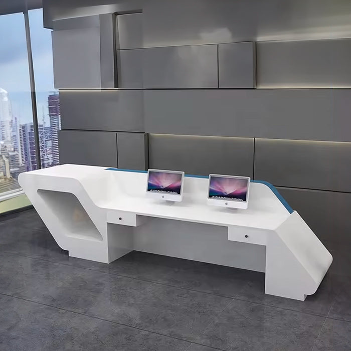 Arcadia Large High-end White/Blue Wood Front Reception Desk with Dual Workstation for Lobbies and Waiting Rooms