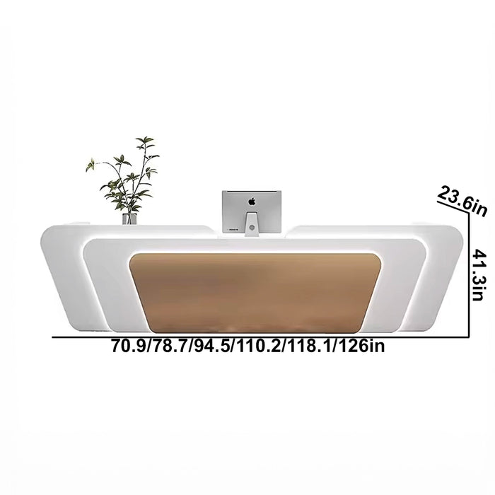 Arcadia Large Modern White/Brown Wood Front Reception Desk with Dual Workstation for Lobbies and Waiting Rooms