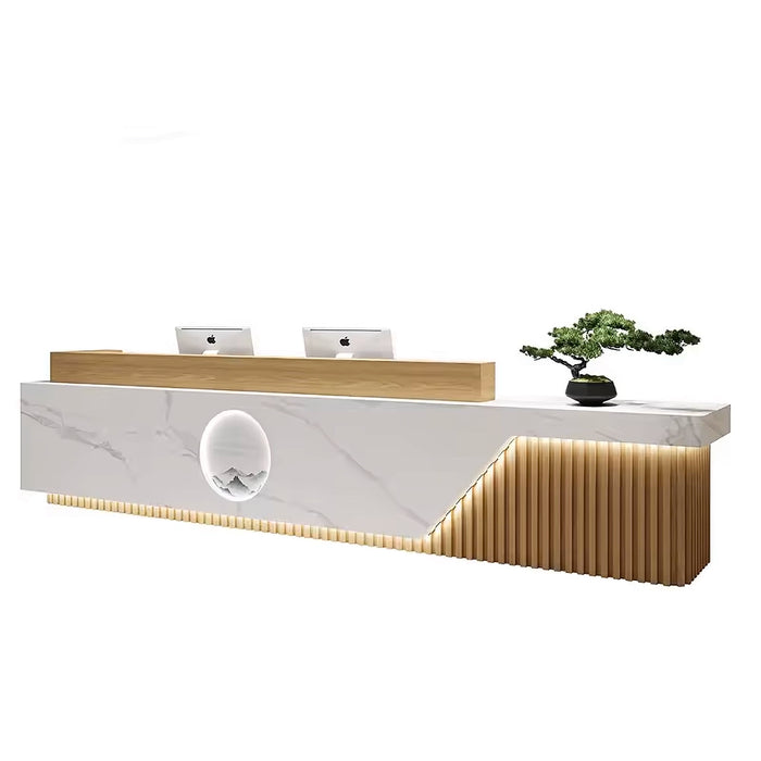 Arcadia Large Modern Elegant White Wood Front Reception Desk with Dual Workstation for Lobbies and Waiting Rooms