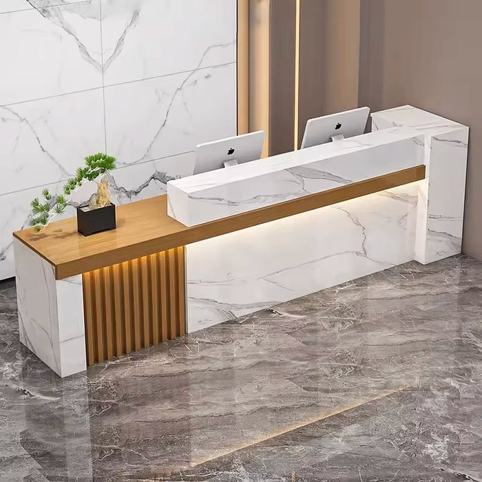 Arcadia Large Modern White Stone Grain and Wood Grain Wood Front Reception Desk with Dual Workstation for Lobbies and Waiting Rooms