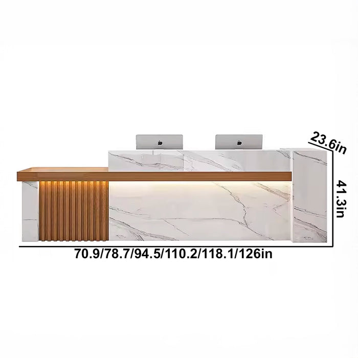 Arcadia Large Modern White Stone Grain and Wood Grain Wood Front Reception Desk with Dual Workstation for Lobbies and Waiting Rooms