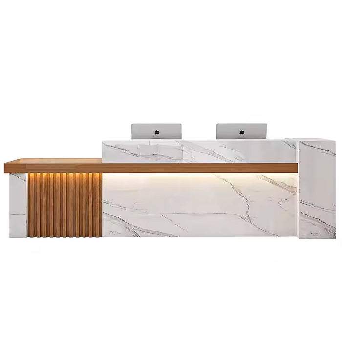 Arcadia Large Modern White Stone Grain and Wood Grain Wood Front Reception Desk with Dual Workstation for Lobbies and Waiting Rooms