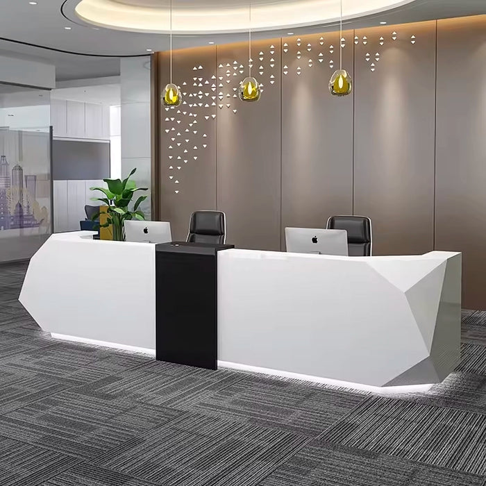 Arcadia Large Modern White Reception Desk with Onyx Accents and Dual Workstation for Lobbies and Waiting Rooms