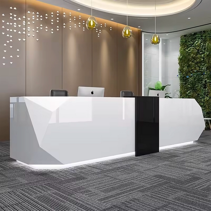 Arcadia Large Modern White Reception Desk with Onyx Accents and Dual Workstation for Lobbies and Waiting Rooms