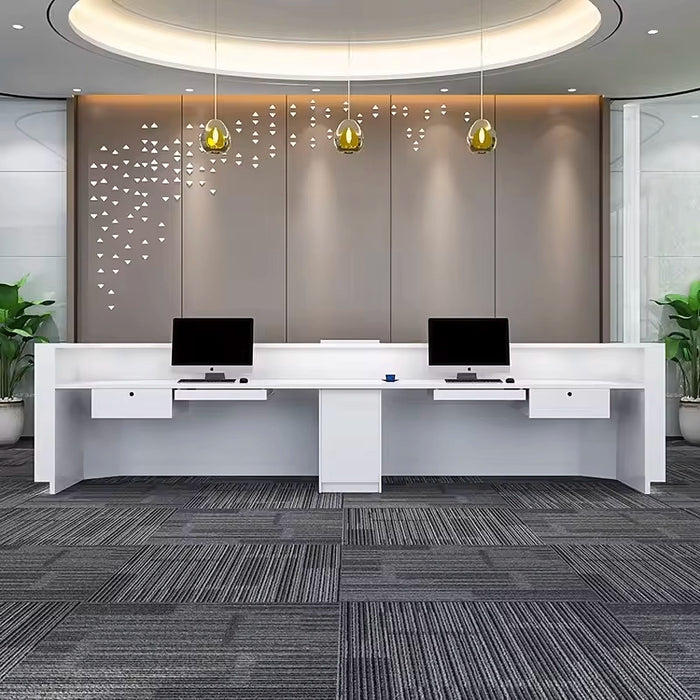 Arcadia Large Modern White Reception Desk with Onyx Accents and Dual Workstation for Lobbies and Waiting Rooms