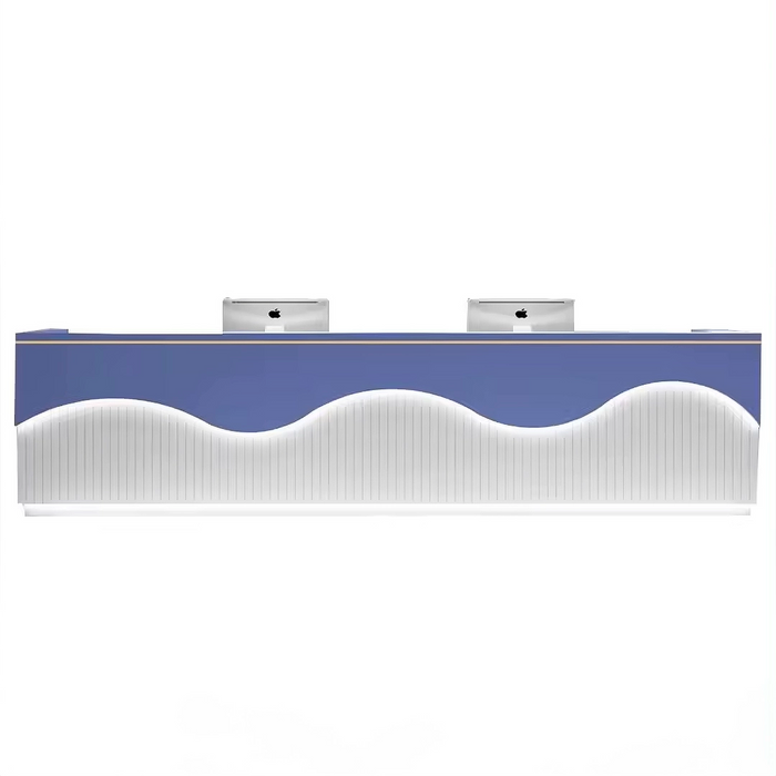 Arcadia Large High-end White/Purple Wood Front Reception Desk with Dual Workstation for Lobbies and Waiting Rooms