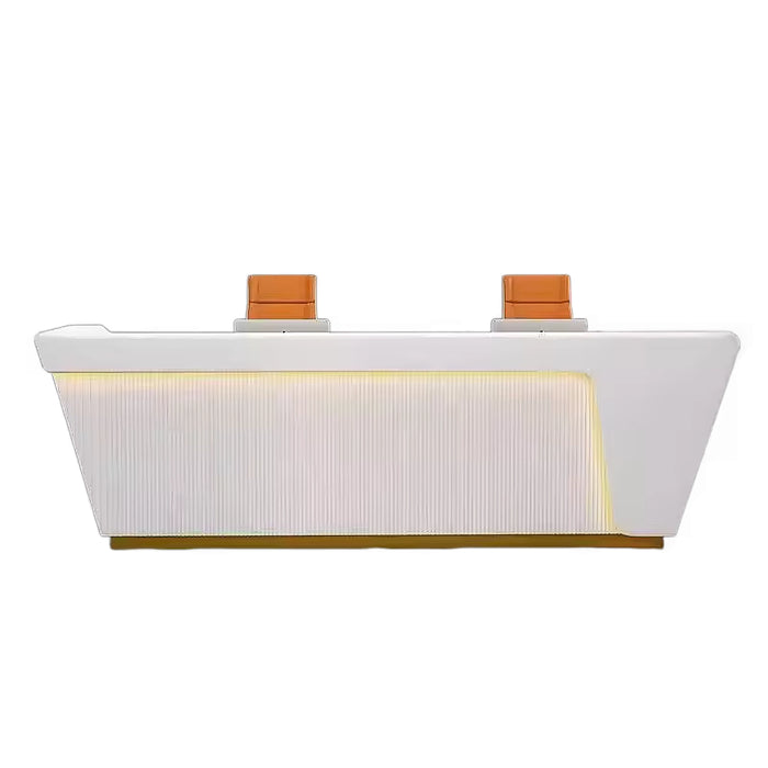 Arcadia Large Modern White/Light Brown Wood Front Reception Desk with Dual Workstation for Lobbies and Waiting Rooms