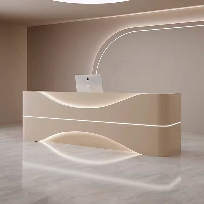 Arcadia Large Modern Creamy Yellow Arc Shaped Front Reception Desk with Dual Workstation for Lobbies and Waiting Rooms