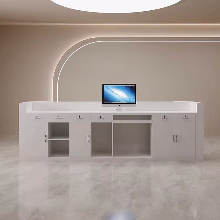 Arcadia Large Modern Creamy Yellow Arc Shaped Front Reception Desk with Dual Workstation for Lobbies and Waiting Rooms