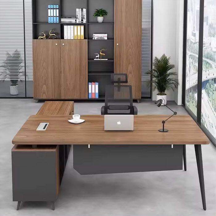 Arcadia Mid-sized High-end Noir Golden Oak Executive L-shaped Home Office Desk with Drawers and Storage, and Cable Management