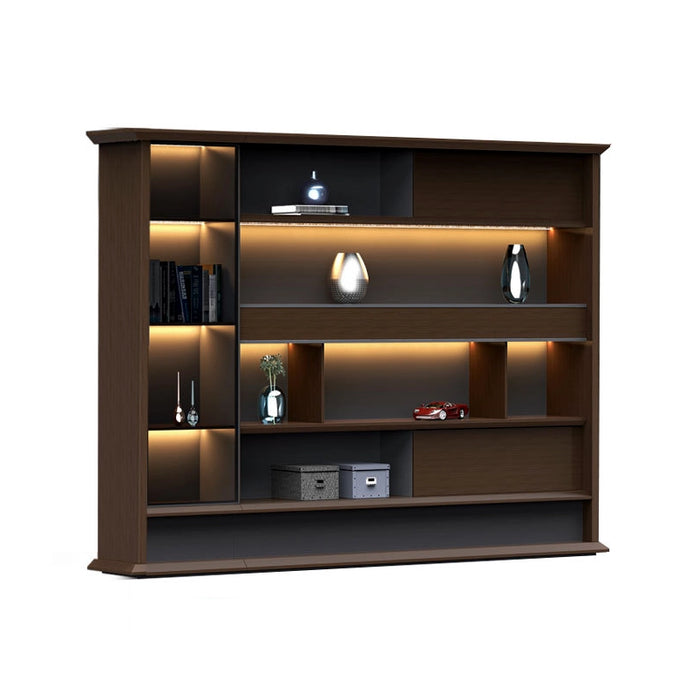 Arcadia High-end High quality Golden Brown Office Residential and Commercial Shelving Wall Unit Library Wall Set | 5 Levels, 10 Shelves, 17 Compartments. 4 Drawers