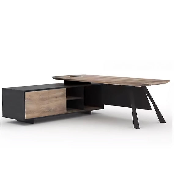 Arcadia Mid-sized High-end Black/Brown Executive L-shaped Return Home and Professional Office Desk with Drawers and Cabinets Storage, Privacy Bevel, and Cord Management