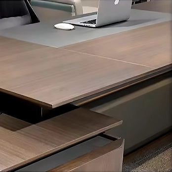 Arcadia Sleek Professional Oak Brown and Gray Executive L-shaped Office Desk with Drawers and Storage for Home and Business Use with Return Desk, Cable Management, Password Lock, Wireless Charging Ports, and Spacious Design