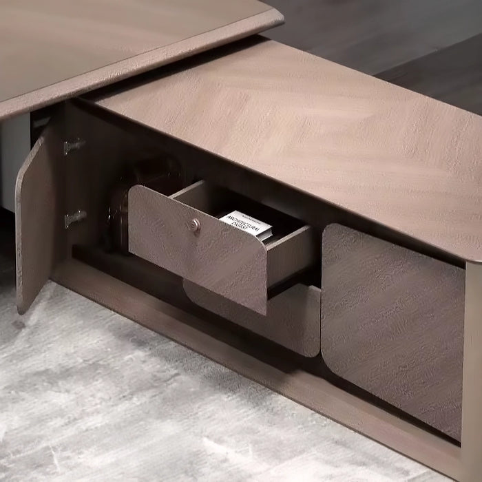 Arcadia 大号（100 至 140 英寸）高端米色棕褐色实木行政 L 形家庭办公桌，带抽屉和储物空间、电缆管理和无线充电 + USB