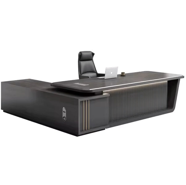 Arcadia Mid-sized High-end Black Executive L-shaped Home Office Desk with Drawers and Storage, Cable Management, Password Lock, and Integrated Lighting