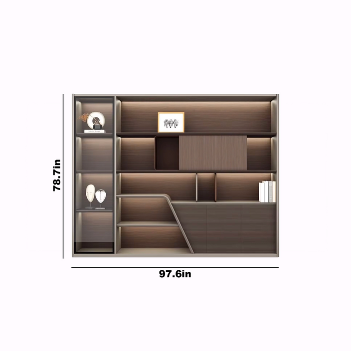 Arcadia High-end Oakwood Brown Home Office Residential and Commercial Shelving Wall Unit Library Wall Set | 5 Levels, 13 Shelves, 21 Compartments. 3 Drawers