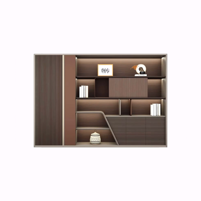 Arcadia Juego de pared para biblioteca, estantería residencial y comercial, color marrón, madera de roble de alta gama, para oficina en el hogar | 5 Niveles, 13 Estantes, 21 Compartimentos. 3 cajones