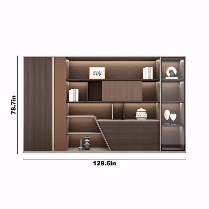 Arcadia High-end Oakwood Brown Home Office Residential and Commercial Shelving Wall Unit Library Wall Set | 5 Levels, 13 Shelves, 21 Compartments. 3 Drawers