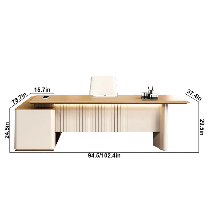 Arcadia Large Modern Teak Morandi Luxe Executive L-shaped Home Office Desk with Drawers and Storage, Cable Management, and Password Lock