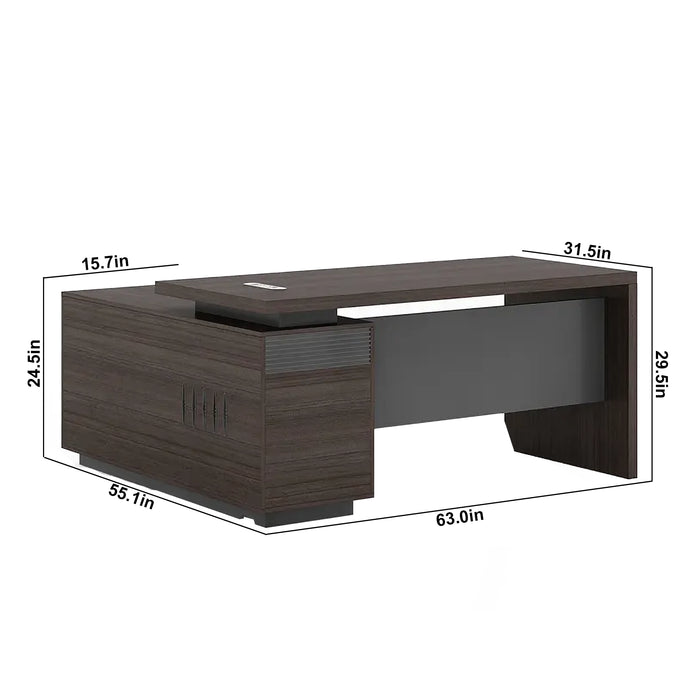 Arcadia Large Modern Teak Stone Mocha Executive L-shaped Home Office Desk with Drawers and Storage, Cable Management, and Password Lock