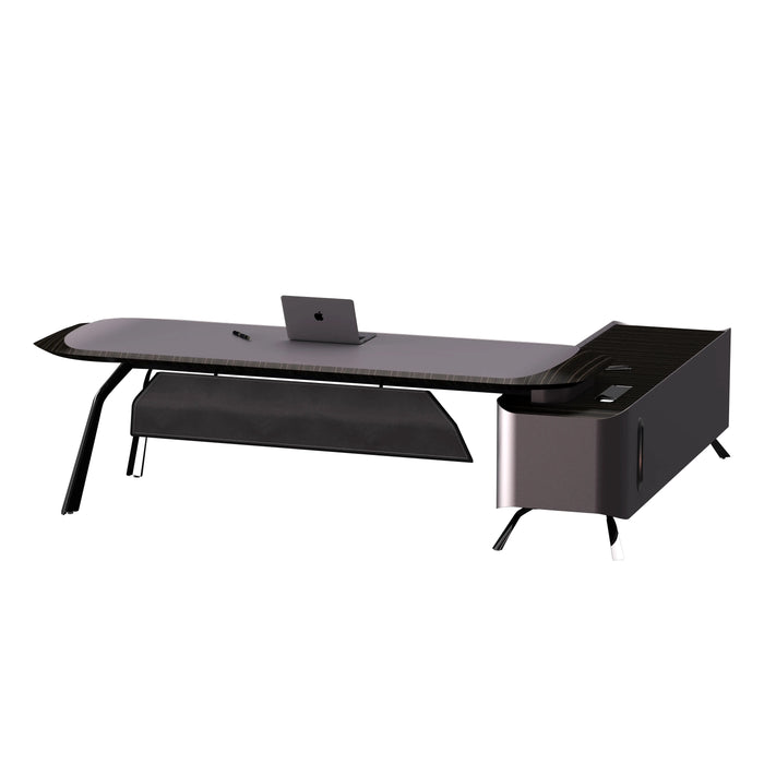 Arcadia Mid-sized High-end Ultra High Quality Metallic Gray Executive L-shaped Corner Home Office Desk with Drawers and Storage, Wireless and USB Charging Port, and Fingerprint Lock