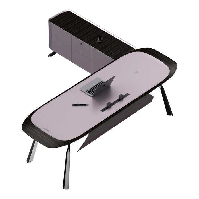 Arcadia 中型高端超高品质金属灰色行政 L 形转角家庭办公桌，配有移动抽屉和存储空间、无线和 USB 充电端口以及指纹锁