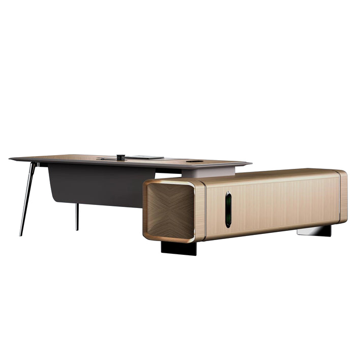 Arcadia 中型高端超高品质金橡木行政 L 形转角家庭办公桌，带抽屉和储物空间、无线和 USB 充电端口以及指纹锁