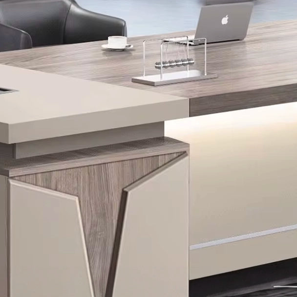 Arcadia 中型高端橡木米色行政 L 形家庭办公桌，带抽屉和储物空间、电缆管理和密码锁