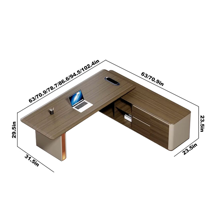 Arcadia 现代高端米色棕褐色和橡木棕色行政 L 形家庭办公桌，带抽屉和储物空间、电缆管理和无线充电