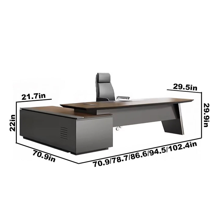 [多种尺寸] Arcadia 一体式橡木棕色和黑色行政 L 形家庭办公桌，带抽屉和储物空间、电缆管理和桌面充电端口