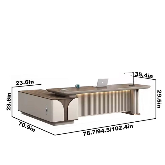 [多种尺寸] Arcadia 一体式棕色和米色行政 L 形家庭办公桌，配有抽屉和储物空间、电缆管理以及桌面上的无线充电 + 充电端口