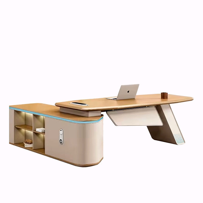 Arcadia Formal Mid-sized to Large Professional Beige Tan and Brown Executive L-shaped Business and Home Office Desk with Drawers and Storage, Cable Management, Password Lock, and Wireless + Port Charging