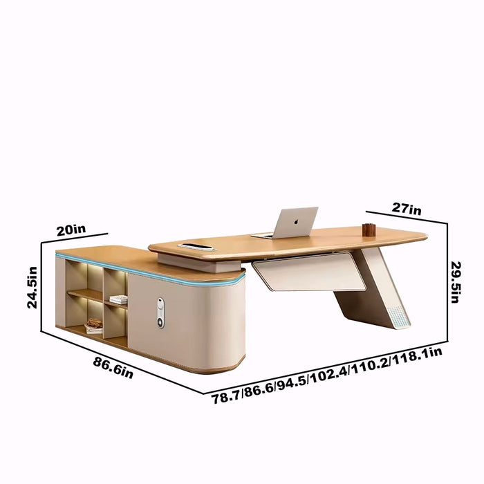Arcadia Formal Mid-sized to Large Professional Beige Tan and Brown Executive L-shaped Business and Home Office Desk with Drawers and Storage, Cable Management, Password Lock, and Wireless + Port Charging
