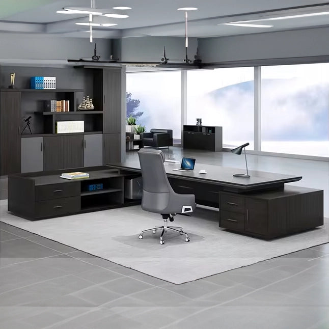 Arcadia 大型高端棕色/黑色行政 L 形家庭办公桌，带抽屉和储物空间、电缆管理和密码锁