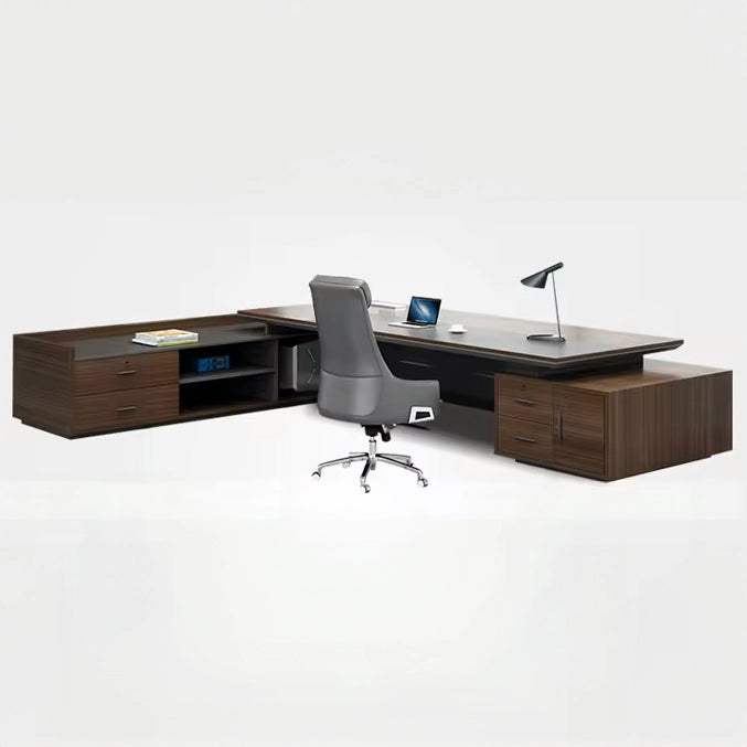 Arcadia Large High-end Brown/Black Executive L-shaped Home Office Desk with Drawers and Storage, Cable Management, and Password Lock