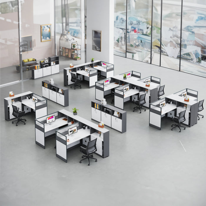 Arcadia 专业白色和灰色隔间商业职员办公室工作场所工作站办公桌，配有橱柜和抽屉式货架存储和套装，适用于办公室