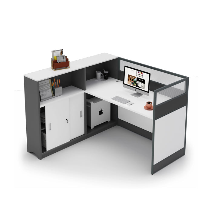 Arcadia 专业白色和灰色隔间商业职员办公室工作场所工作站办公桌，配有橱柜和抽屉式货架存储和套装，适用于办公室