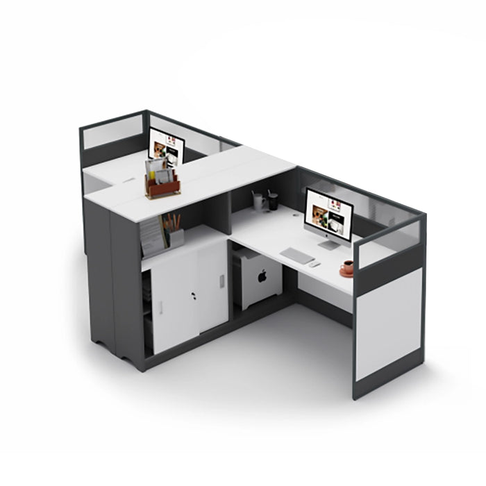 Arcadia - Escritorio profesional para estación de trabajo, cubículo blanco y gris, para personal comercial, oficina, lugar de trabajo, con gabinete y cajones, estantes de almacenamiento y juegos adecuados para oficinas