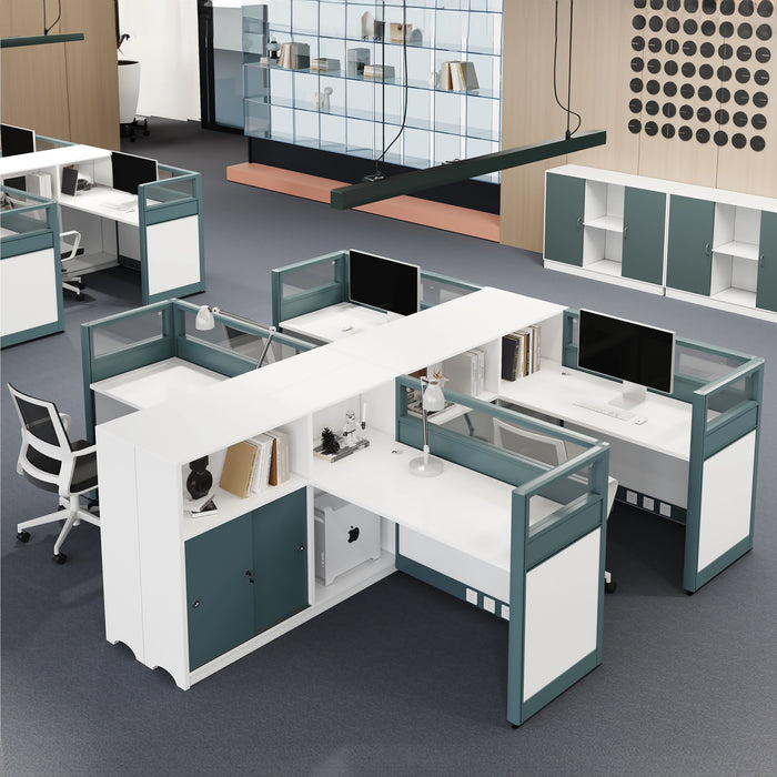 Arcadia 专业白色和青色隔间商业职员办公室工作场所工作站办公桌，配有橱柜和抽屉式货架存储和套装，适用于办公室