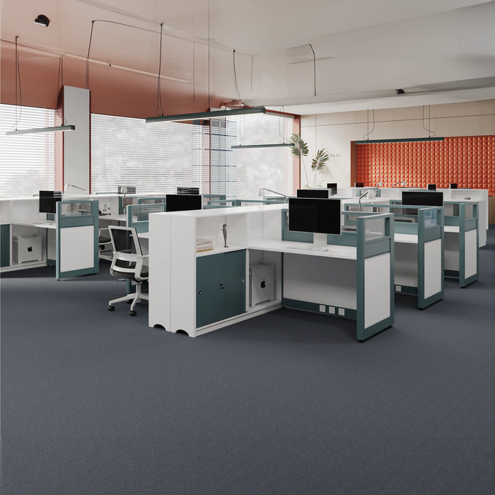 Arcadia 专业白色和青色隔间商业职员办公室工作场所工作站办公桌，配有橱柜和抽屉式货架存储和套装，适用于办公室