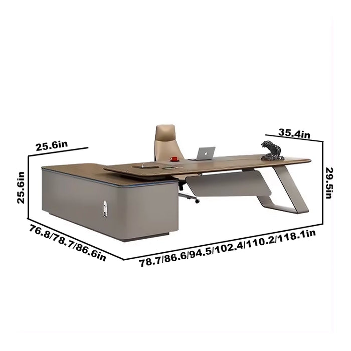 [定制尺寸] Arcadia 一体式 Oakwood 棕色 L 形行政家庭办公桌，带抽屉和储物空间、电缆管理以及桌面上的无线充电 + 充电端口