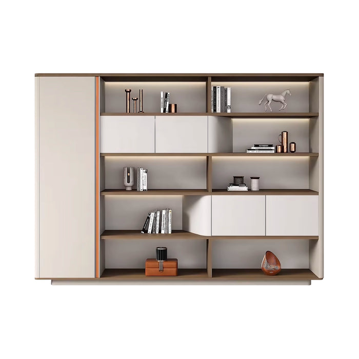 Arcadia High-end Light Beige Tan Home Office Residential and Commercial Shelving Wall Unit Library Wall Set | 5 Levels, 8 Shelves, 13 Compartments. 4 Drawers