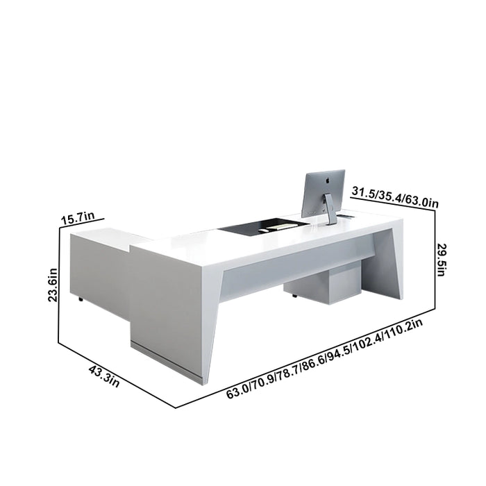 Arcadia Mid-Sized Modern Frosted White Executive L-shaped Home Office Desk with Drawers and Storage, and Cable Management