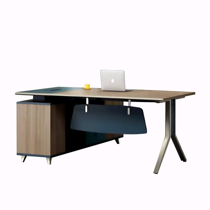 Arcadia 经典专业米色棕褐色和蓝色行政 L 形办公桌，带抽屉和存储空间，适合家庭和商业使用，配有回程桌、电缆管理、密码锁和宽敞的设计