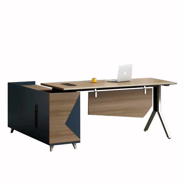 Arcadia Sleek Professional Beige Tan and Blue Executive L-shaped Office Desk with Drawers and Storage for Home and Business Use with Return Desk, Cable Management, Password Lock, and Spacious Design